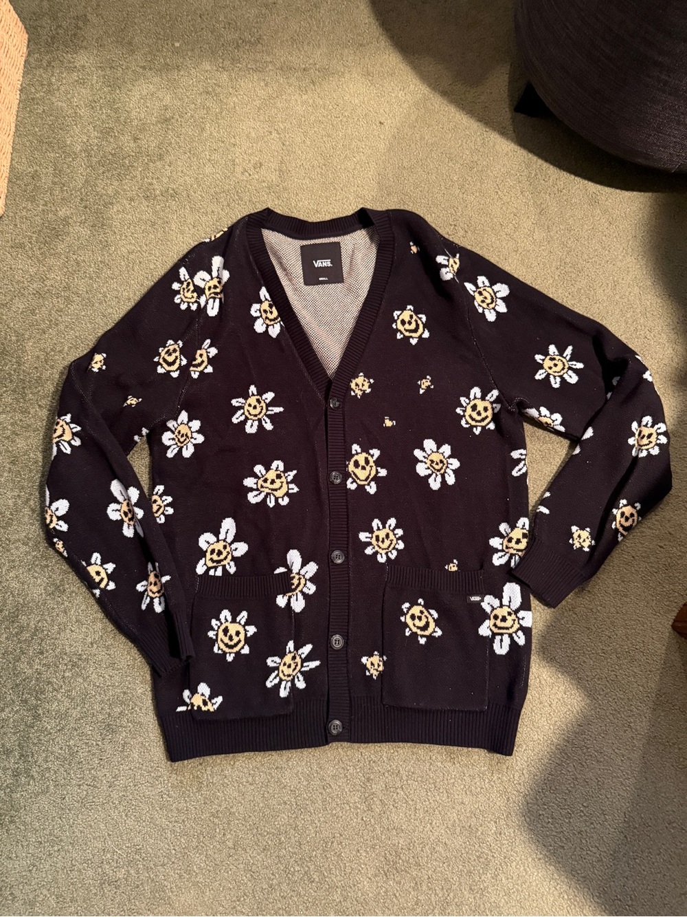 Vans Black Hilltop Cardigan Sweater with Smiley Daisy’s